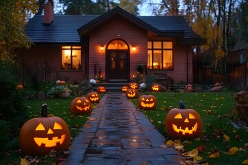 Halloween house, jack-o'-lanterns.
