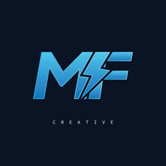 MF Thunderbolt Monogram – Futuristic Electric Logo with Bold Blue Energy Strike