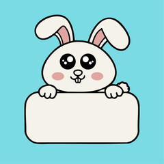 a cartoon bunny holding a sign with a green background