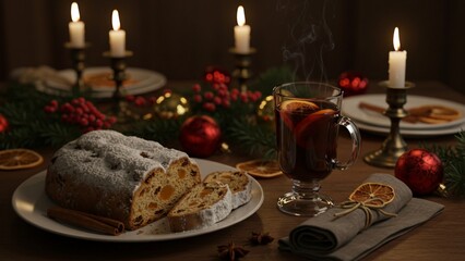 Fototapeta premium European Christmas food German stollen and mulled wine