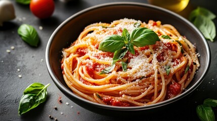 A bowl of freshly made pasta with rich tomato sauce, sprinkled with Parmesan and garnished with fresh basil leaves.