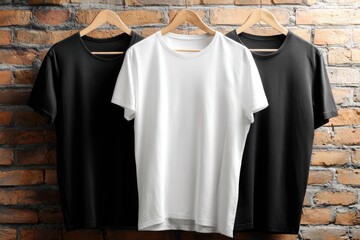 Three plain t-shirts?black, white, black?hang on wooden hangers against a rustic brick wall
