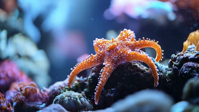 Vibrant Orange Starfish on Dark Rock Amidst Colorful Coral Reefs in Blue Water with Soft Focus