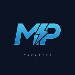 MP Thunderbolt Monogram – Futuristic Electric Logo with Bold Blue Energy Strike
