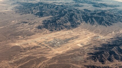 Exploring military base layouts desert terrain aerial view arid environment geospatial analysis