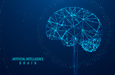 Artificial Intelligence illustration of brain. Machine learning concept. Abstract glowing brain connections. Particles liquid dynamic flow. Graphic concept for your design