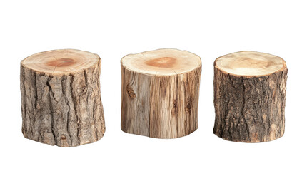 Three rustic, cylindrical wood slices, varying in bark texture and color, possibly used as decorative elements or small stools