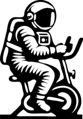 Fototapeta premium Sketchy cosmic emblem of cosmonaut keeps fit by riding an exercise bike in monochrome. Engraving minimalistic vector in black ink drawing on transparent background