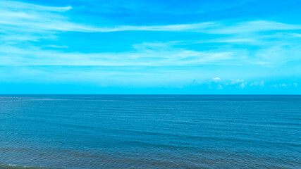 Panorama of cloud clear sky background for summer vacation concept at ocean and summer sea water with sunlight of beautiful cloudy	