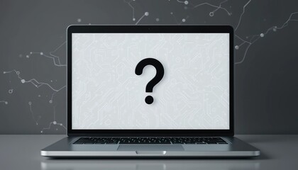A pure black question mark in the center of a flat laptop screen with a white background and a faint circuit line pattern.