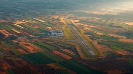 Aerial view of an airport runway surrounded by farmland in a rural landscape