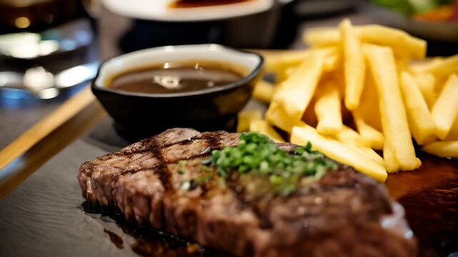 Seared beef steak served with french fries and dipping sauce displayed on a wooden tray at a dining establishment.