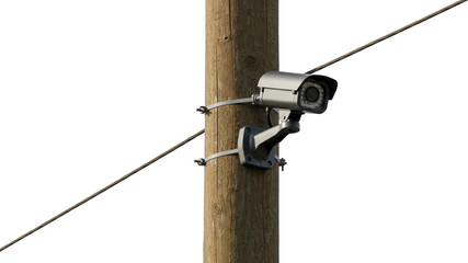 Obraz premium Outdoor Security CCTV Camera Mounted on Wooden Pole Surveillance Technology