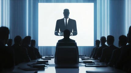 Futuristic Business Meeting with AI Presenter on Screen