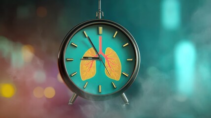 smoking cessation program concept. Clock illustration with lung anatomy on a vibrant background.