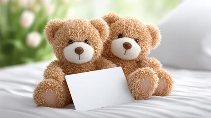 Adorable Teddy Bears Holding Blank Card  Soft White Bedding   Cute Couple  Sweet  Tender