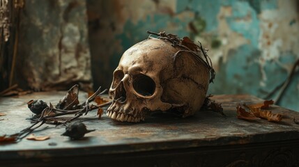 Skull placed on table under soft light.
