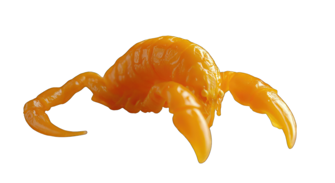 A vibrant orange, crab-like sculpture with a smooth, almost waxy texture, featuring detailed claws and a bulbous body