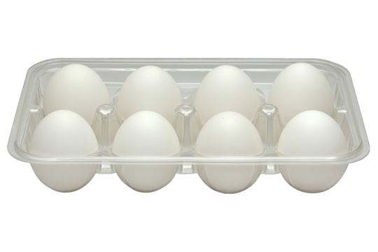 A clear plastic carton holds a dozen pristine white eggs, neatly arranged in individual compartments