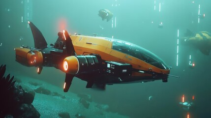 Fototapeta premium Futuristic Submarine Explores Underwater Depths with Glowing Lights and Other Vessels