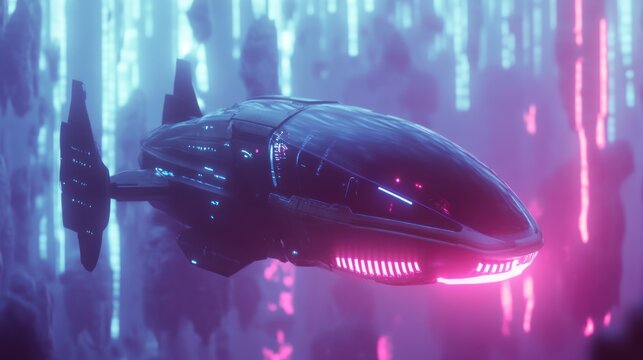 Futuristic Spaceship in Neon-Lit Cityscape
