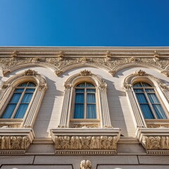 Obraz premium Ornate architectural facade adorned with three detailed windows, set against a blue sky.