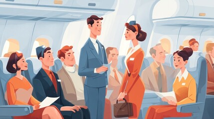 In-flight interaction airplane illustration interior mid-view travel experience