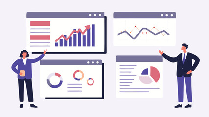 Fototapeta premium Two people presenting data visualizations on screens with charts and graphs in a business setting scene