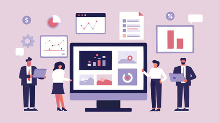 Team analyzing data on a large computer screen surrounded by charts and graphs in a business setting area