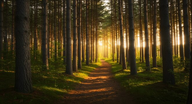 Sunlight filtering through trees on a forest walking trail.	