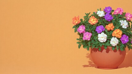 Fototapeta premium Vibrant Multicolored Flowers in Terracotta Pot Orange Background