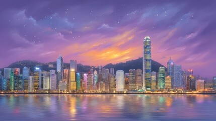 Obraz premium Hong Kong Skyline Sunset Cityscape Urban Twilight Night Buildings Asia
