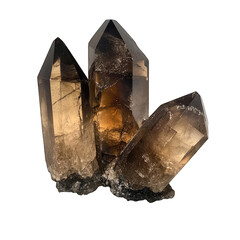 Three smoky quartz crystals clustered together, exhibiting deep amber hues and internal striations, resting on a dark base