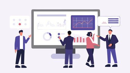 Business team presenting data on a large screen with charts and graphs in a modern office setting view
