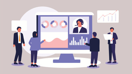 Business team analyzing data on a large computer screen with a video conference call in progress showing graphs