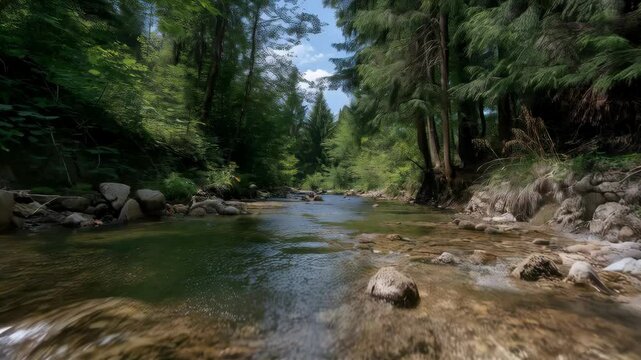 Babbling brook cascades through sun dappled verdant forest. Fresh water river flows amidst lush green trees on a bright sunny day with a blue sky.