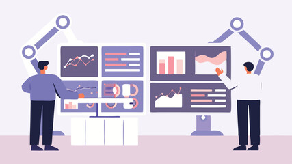 Two people analyzing data on multiple screens with robotic arms in a modern office environment setting