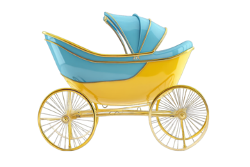 Elegant baby carriage, yellow and light blue, gold wheels, ornate detailing,  classic design,  carriage-style