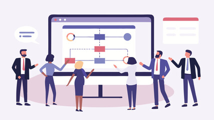 Fototapeta premium A group of business professionals presenting a flowchart on a large computer screen in a meeting setting
