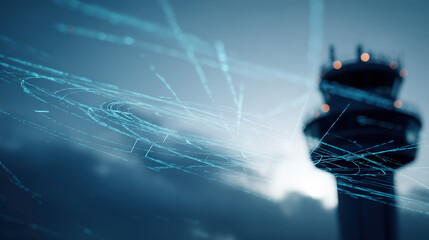 Close-up of air traffic control radar screen with glowing flight paths and aircraft symbols. Aviation safety, airspace monitoring and flight tracking technology concepts.