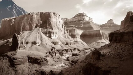 Sepia toned rocky canyon landscape showing tall mesas and buttes under a cloudy sky, evoking a sense of vastness and rugged terrain - Powered by Adobe