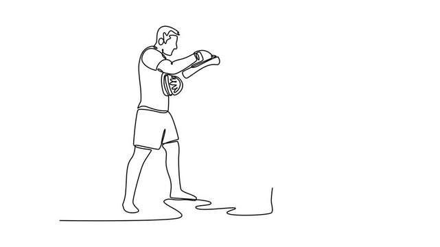 Self drawing animation single line draw boxer practicing uppercut punch drills with personal trainer. Male boxer throwing punches on pads during training session. Continuous line. Full length animated