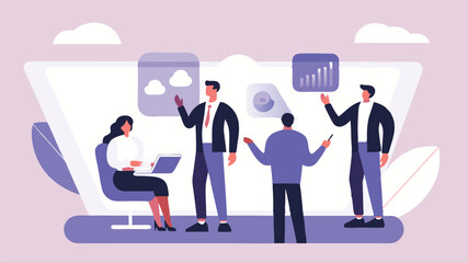 Illustration of business team collaborating with digital interface and cloud technology integration view