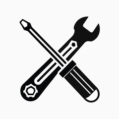 Black and white wrench and screwdriver icon set