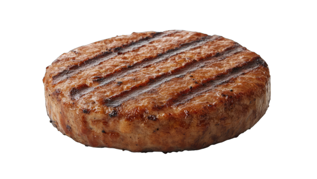 A perfectly grilled, round patty with visible grill marks, showcasing a browned, savory surface