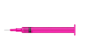 A vibrant hot pink syringe, detailed with a needle and markings, isolated against a stark black background