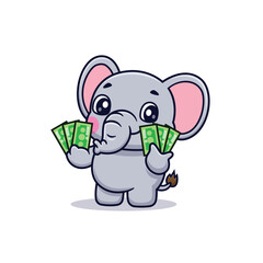 Cute Cartoon Elephant Holding Lots of Money, Illustration Icon Vector, Animals,Business, Cartoon Style Flat.