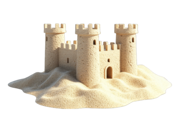 Intricate three-towered sandcastle on a mound of sand, showcasing detailed crenellations and an arched entrance