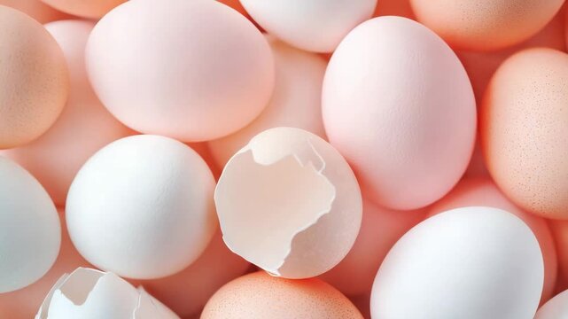 A close-up view of several whole eggs and broken eggshells in soft pastel shades.