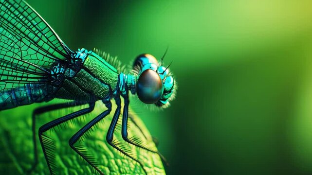 A vibrant dragonfly with intricate wings perches on a leafy surface against a lush green blurred background.